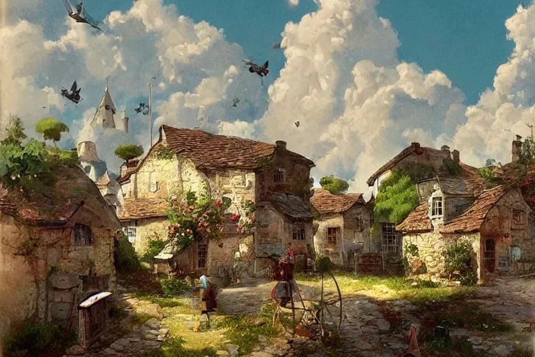 Prompt: adventurer _ _ _ _ _ _ 1 9 5 0 s _ retro _ old village in summer landscape _ muted _ colors. _ _ _ _ _ _ by _ jean _ baptiste _ monge