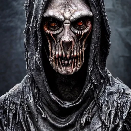 Image similar to photo taken of an epic intricate, ultra detailed, super realistic gritty, wet, slimy, lifelike sculpture of a nightmarish hellish humanoid hooded grim reaper, creature design created by weta workshop, menacing, some zoomed in shots, photorealistic, sharp focus, extremely cold blueish colour temperature, f 0. 4, full body shot