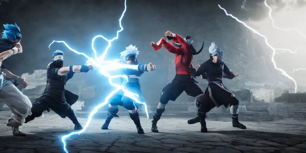 Prompt: kakashi with chidori and thor using lighting, fighting in mortal kombat style, unreal 5, hyperrealistic, realistic, photorealistic, dynamic lighting, highly detailed, cinematic landscape, studio landscape, studio lighting