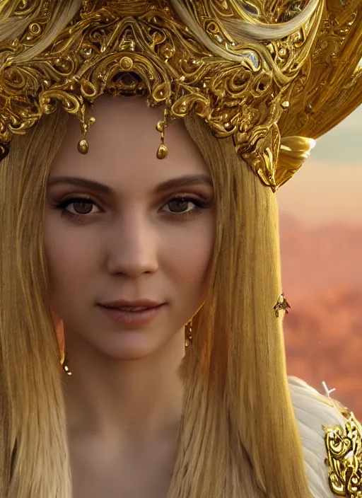 Prompt: a photo of 8 k ultra realistic humanoid princess with long blonde hair, standing next to a beautiful view, ornate white officers outfit with gold embellishments, cinematic lighting, trending on artstation, 4 k, hyperrealistic, focused, extreme details, unreal engine 5, cinematic, masterpiece