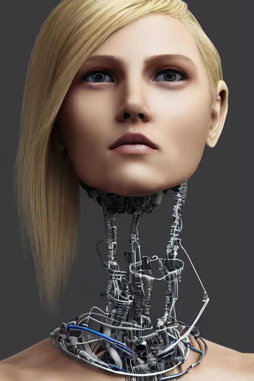 Image similar to robot with human face, female head, full body angle, woman human face, human face realistic, beautiful blonde hair, human head, human head with blonde hair, blonde hair human head, blonde hair, human realistic face, human head skin, cyborg frame concept, cyborg by ales-kotnik, sci-fi android female, the body is made of wires, robotic body, cyborg body, cyborg bust body, robot body cyborg, full body