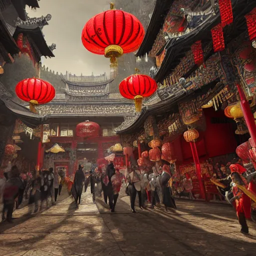 Image similar to chinese new year festival, intricate detail, royo, vallejo, frazetta, giger, whealan, hd, unreal engine,