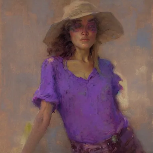 Image similar to a woman in a purple shirt with an emaciated body type, painting by Gaston Bussiere, Craig Mullins