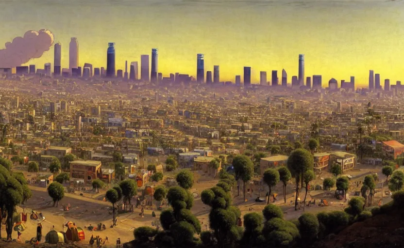 Image similar to ghibli illustrated background of strikingly beautiful skid row, los angeles, california, with strange city skyline is seen in the distance, tents, streets by vasily polenov, eugene von guerard, ivan shishkin, albert edelfelt, john singer sargent, albert bierstadt 4 k, ultra wide