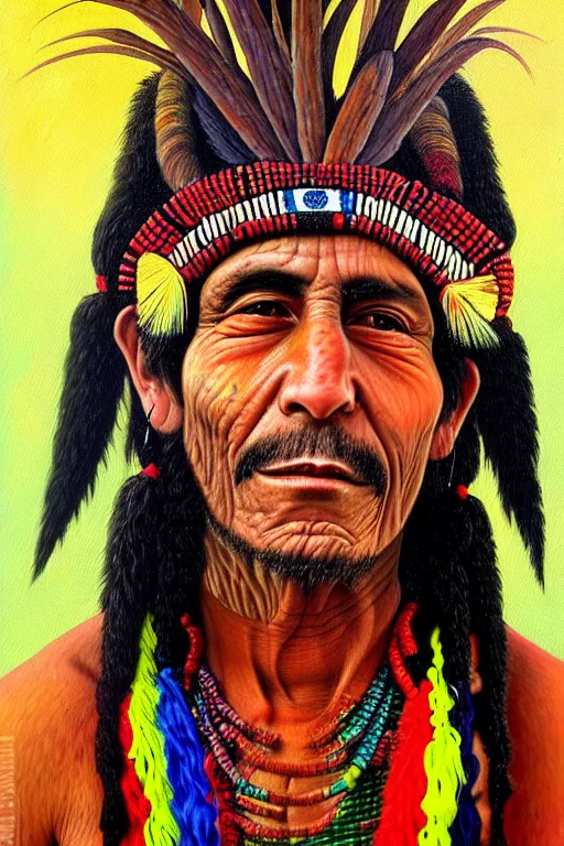 Image similar to Portrait Paintings of a South American Shaman in the style of Luis Tamani,