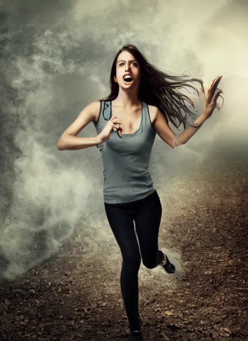 Image similar to super generic hot chick scientist running from a monster, stock photo, horror movie, full body wide shot