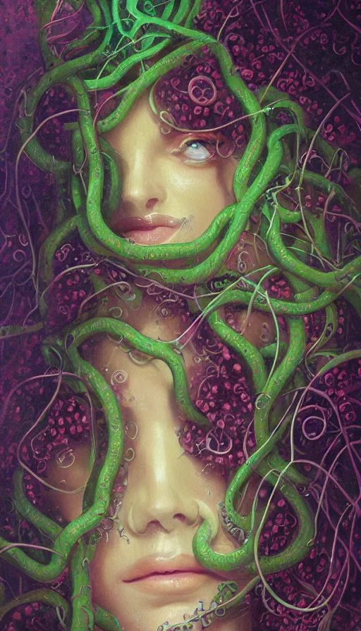 Image similar to very detailed portrait of a 2 0 years old girl surrounded by tentacles, the youg woman visage is blooming from fractal and vines, by paul lehr,