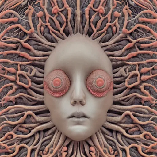 Prompt: a drawing of a face made out of corals, a digital painting by earnst haeckel, featured on zbrush central, generative art, biomorphic, intricate, zbrush