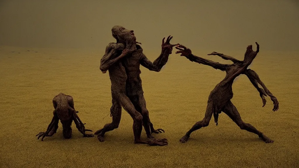 Image similar to the strange creature, made of milk and wax, they fight me, film still from the movie directed by denis villeneuve and david cronenberg with art direction by salvador dali and zdzisław beksinski, wide lens