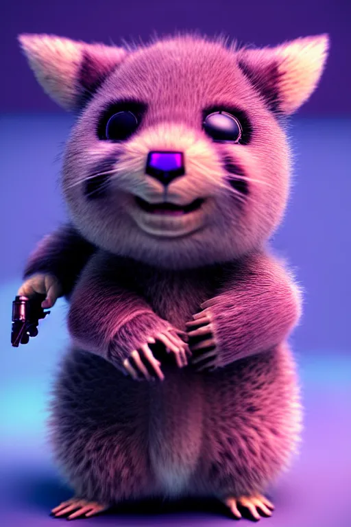 Prompt: hyperrealistic 3 d render post - cyberpunk very cute fluffy! wombat!! cyborg, mechanical paw, highly detailed, unreal engine cinematic smooth, in the style of detective pikachu, hannah yata charlie immer, neon purple light, low angle, uhd 8 k, sharp focus