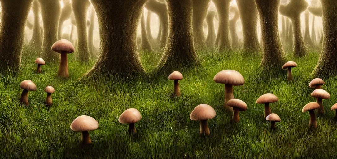 Prompt: Mushroom Forest, lush, grassy texture, artstation, award-winning, scenic, godrays, tall mushrooms