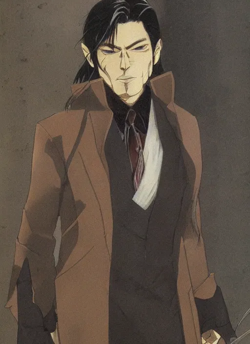 Image similar to half - body character portrait by tatsuki fujimoto of a handsome male vampire, sword holster, long black hair, light brown coat