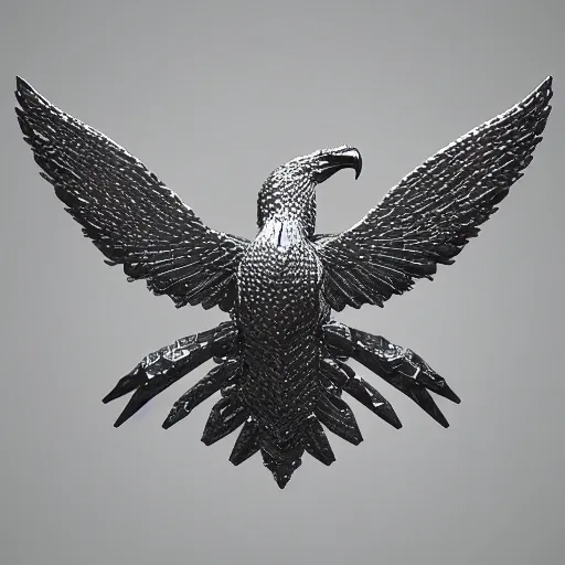 Image similar to 2 dimensional, vector, low poly, clear crystal eagle icon, black background, cgsociety, artstation, octane render