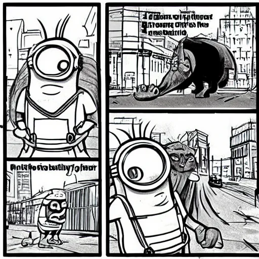 Image similar to giant minion walks through city screaming ROAAAR!!! , comic art