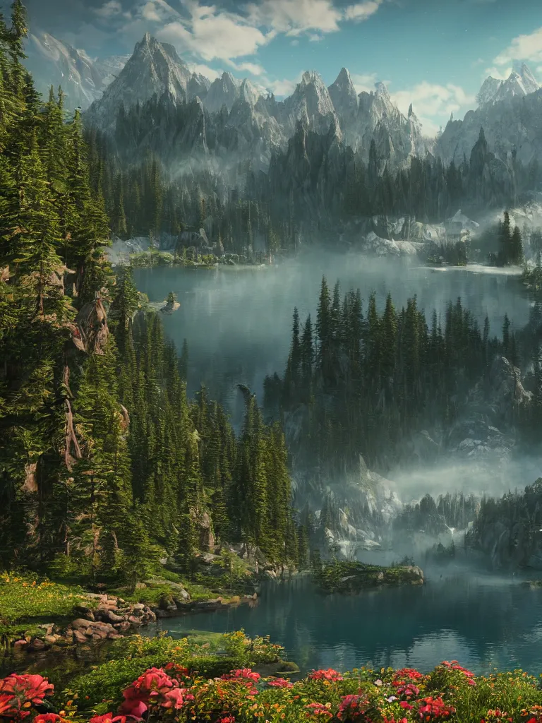 Image similar to a epic view of a mountainous lake, forest, flowers, concept art, trending on, very detailed, unreal engine, 4 k, photoreal, volumetric lighting, light rays, epic composition, warm colors, angelic