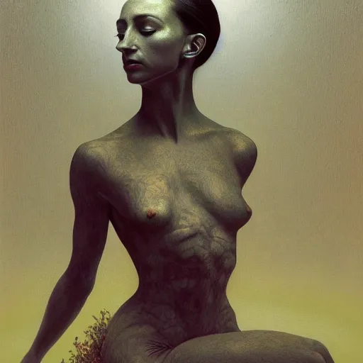 Image similar to sade by zdzisław beksinski, iris van herpen, artgerm, raymond swanland and alphonse mucha. highly detailed, hyper real, beautiful