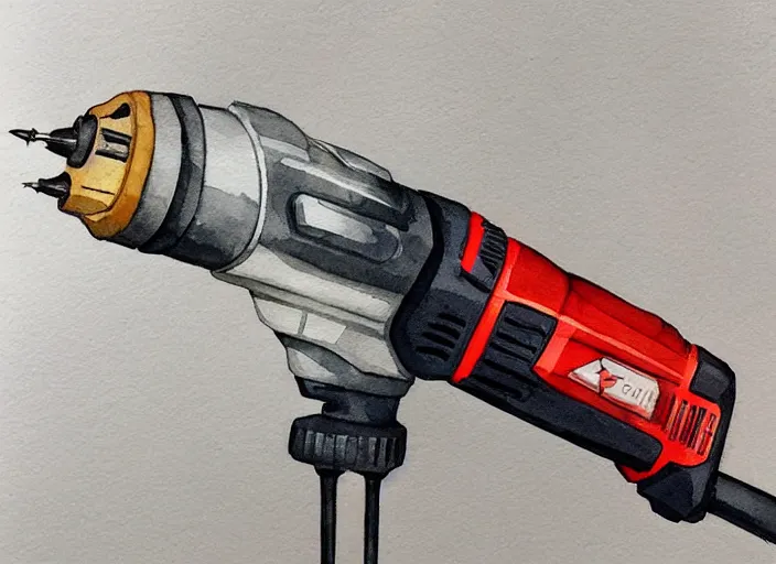 Image similar to concept art of a electril drill tool, pinterest, artstation trending, behance, watercolor, by coby whitmore, silver, laser light,