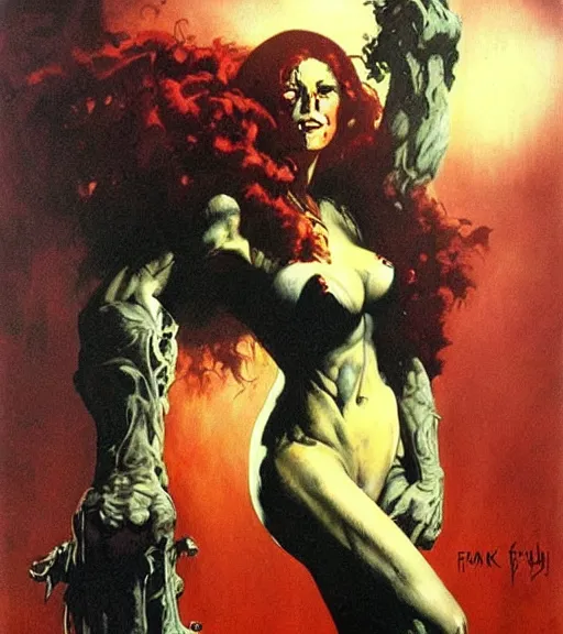 Image similar to seventies horror actress, dark night, strong line, deep color, beautiful! coherent! by brom, by frank frazetta,