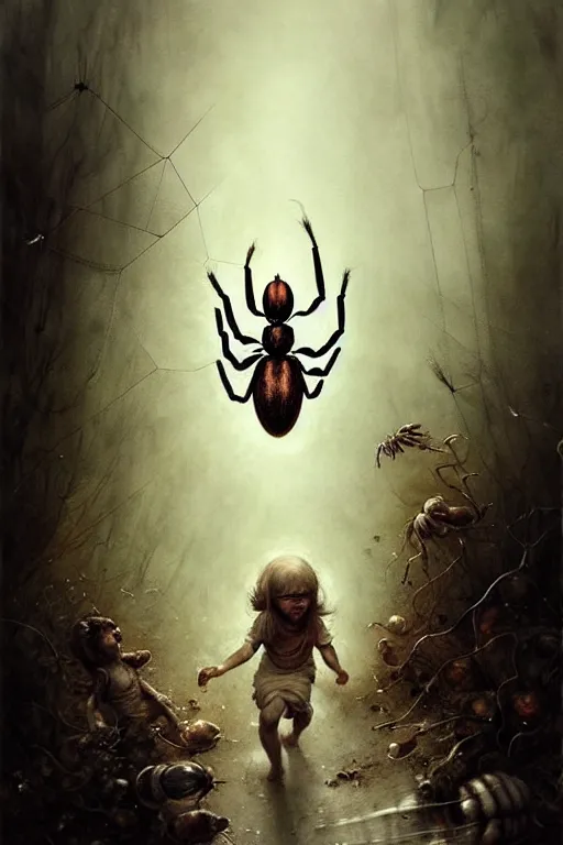 Image similar to screaming kids running away from huge spider | esoteric symbolism | jean - baptiste monge, esao andrews, bastien lecouffe - deharme, tim jacobus, ken currie | ultra - detailed realism, soft cinematic lighting, hi - fructose, artstation, high - quality, ink watercolors wes anderson poster art