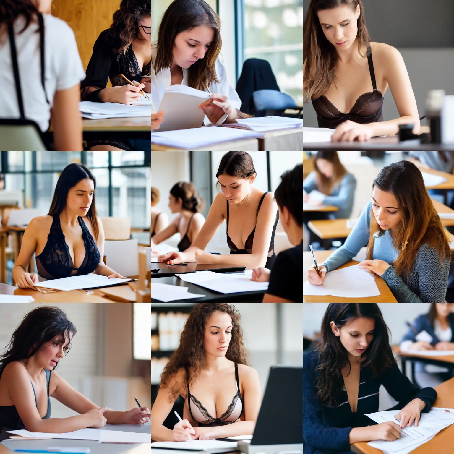 Prompt: a woman in lingerie reviewing student exams at a table