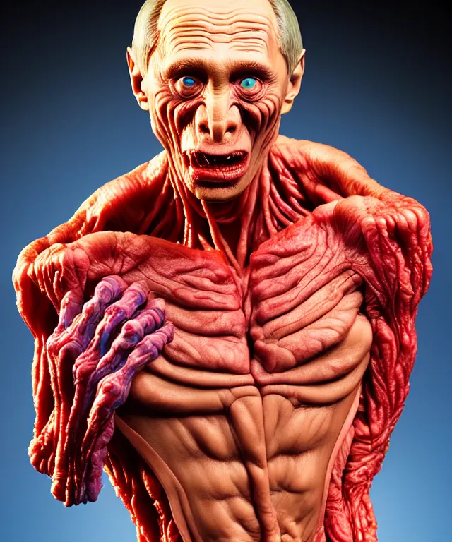 Image similar to hyperrealistic rendering, cronenberg flesh monster vladimir putin by art of skinner and richard corben and jeff easley, product photography, action figure, sofubi, studio lighting, colored gels