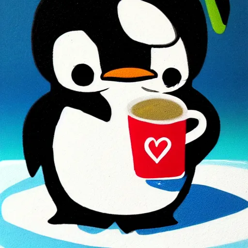 Image similar to penguin kawaii taking a coffee in the middle on the artic, trending in art station polaroid