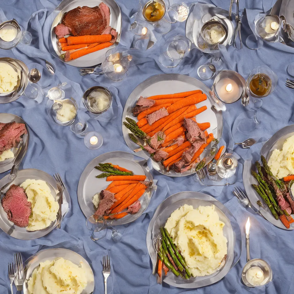 Prompt: product shot of a five - star dinner with prime rib, asparagus, mashed potatoes and gravy, and steamed carrots with blue table cloth and lit candles in ornate silver candlesticks, ultra - realistic, photo realism, professional photograph, extreme detail, deep focus, laser sharp, volumetric lighting, atmospheric, five - star, luxury, elite