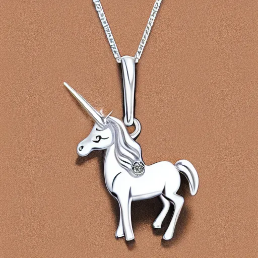 Prompt: a lovely cute silver cartoon unicorn necklace pendant, pandora style, tiffany style, swarovski style, van cleef & arpels style, cartier style, boucheron style, bulgari style, chaumet style, elegant, noble, stylish