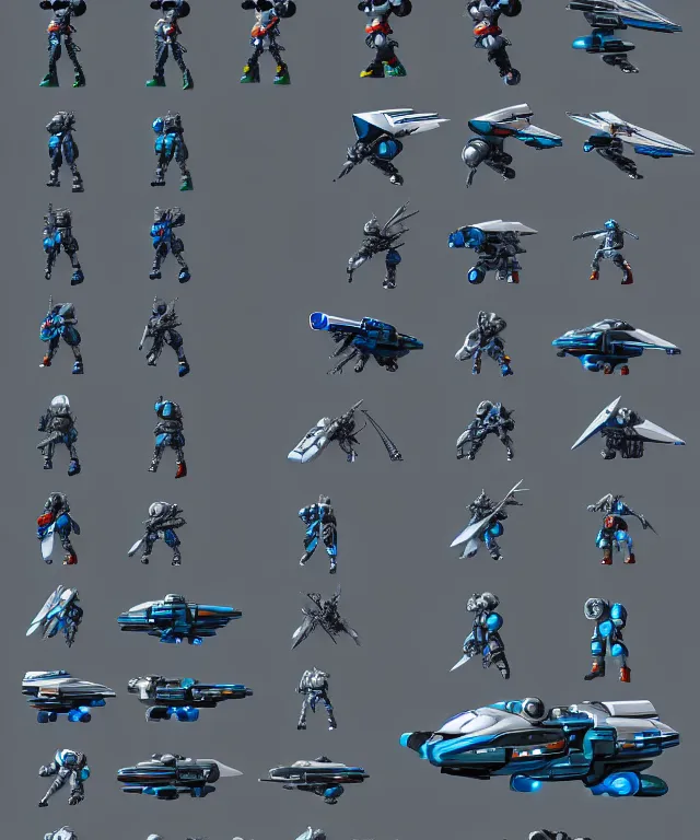 Image similar to 2 d shooter game concept art sprite sheet!!!, robotech gradius outer space concept art, hyperrealism, fine detail, 8 k, 3 d render, artstation contest winner, cgsociety, cryengine, zbrush, vray, no background