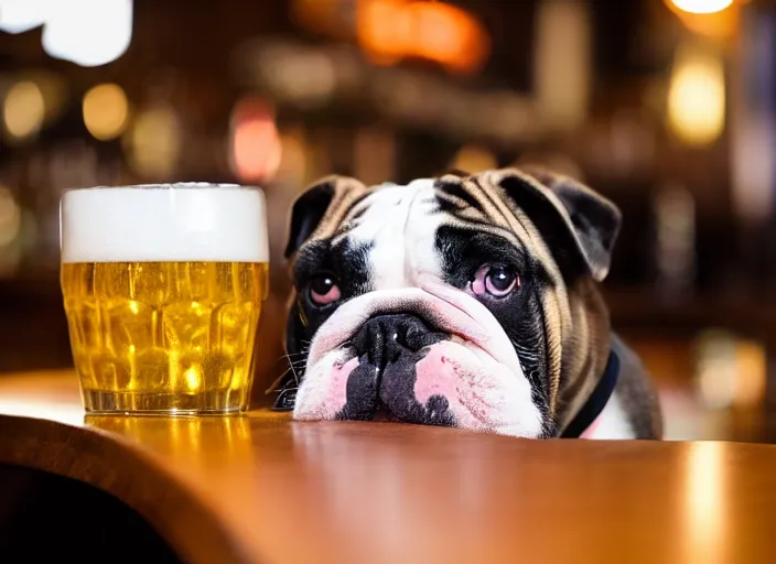 Image similar to a closeup, 4 5 mm, detailed photograph of a english bulldog holding a beer on a bar - stool, sitting at a bar on a bar - stool, beautiful low light, 4 5 mm, by franz lanting