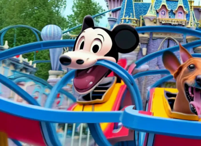 Image similar to film still of a dog riding a roller coaster in disneyland paris in the new kids movie, 8 k