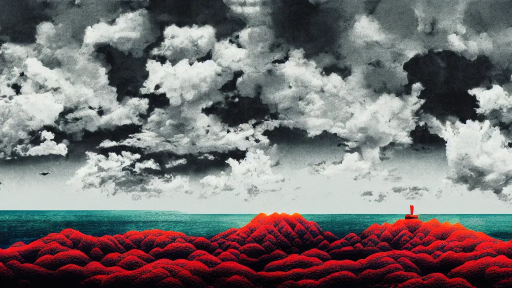 Image similar to dramatic landscape of okinawa prefecture, japan, a collage painting, in the style of wes anderson, lola dupre, david hockney, isolated on negative white space background dark monochrome neon fluorescent spraypaint accents volumetric octane render