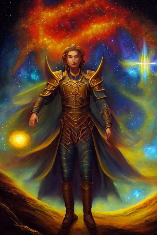 Image similar to beautiful oil painting with high detail of a astral traveller with stars and plasma in the background, hybrid from dungeons and dragons and art direction by James Cameron ;by artgerm; wayne reynolds art station; cinematic quality character render; low angle; ultra high quality model; production quality cinema model;