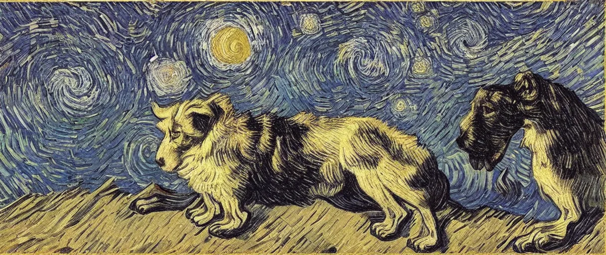 Image similar to studio portrait of a single wizened old dog in the style of the Starry Night; extremely detailed; oil painting by Vincent van Gogh