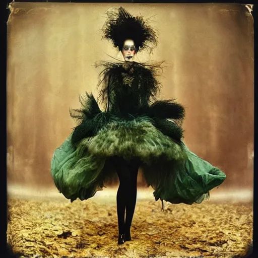 Image similar to damaged kodak portra 4 0 0, wetplate, photo of a surreal artsy dream scene,, very beautiful model, weird fashion, grotesque, extravagant dress, strange pose, carneval, with an animal, wtf, photographed by paolo roversi style