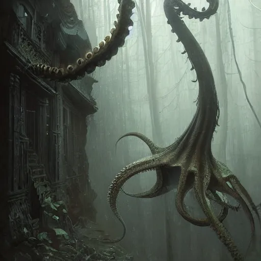 Image similar to epic hyperdetailed portrait of a haunting 🐙🕷 lurking in the shadows. by greg rutkowski, highly detailed portrait, rococo, digital painting, artstation, concept art, smooth, sharp foccus ilustration, artstation hq. intricate, elegant. art by wlop and artgerm and greg rutkowski and alphonse mucha, masterpiece. misty rainforest