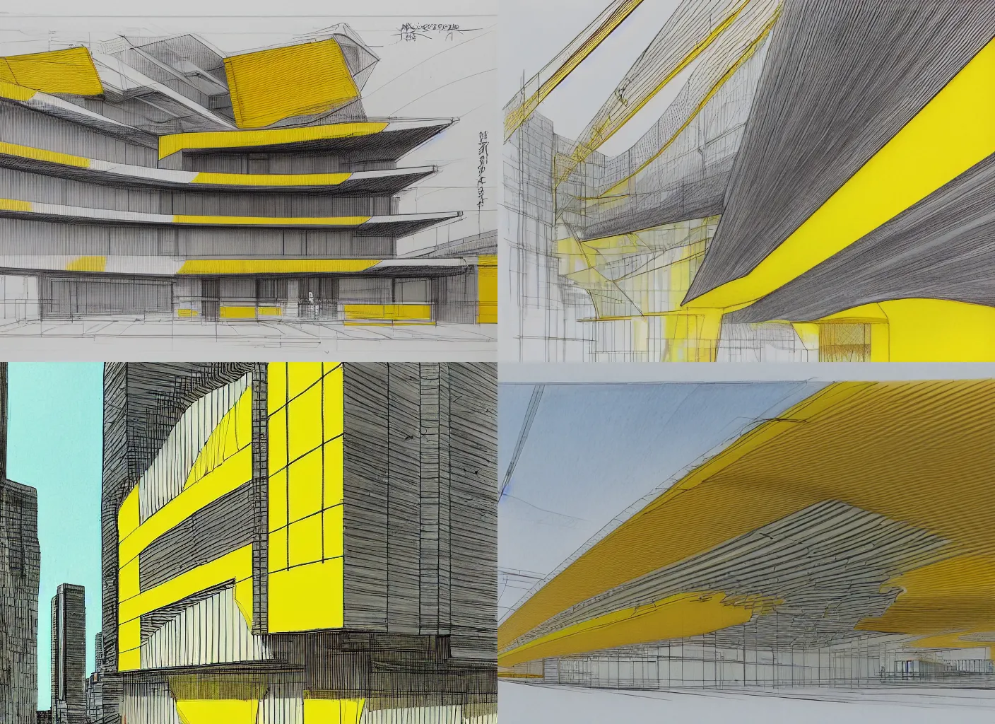 Prompt: architectural sketch of facade of the cyberpunk japanese by norman foster + zaha hadid, pastel color, architecture drawing, drawing, line drawing, pastel color, yellow and ornage color scheme