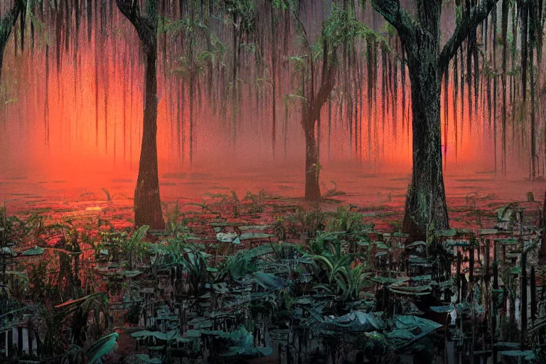 Image similar to scene from louisiana swamps,, neon cross, voodoo, 8 k, hyper detailed, artwork by tim eitel