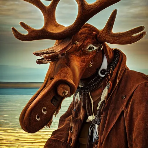 Prompt: anthropomorphic moose pirate humanoid by mike winklemann, pirate ship, sea, fantasy