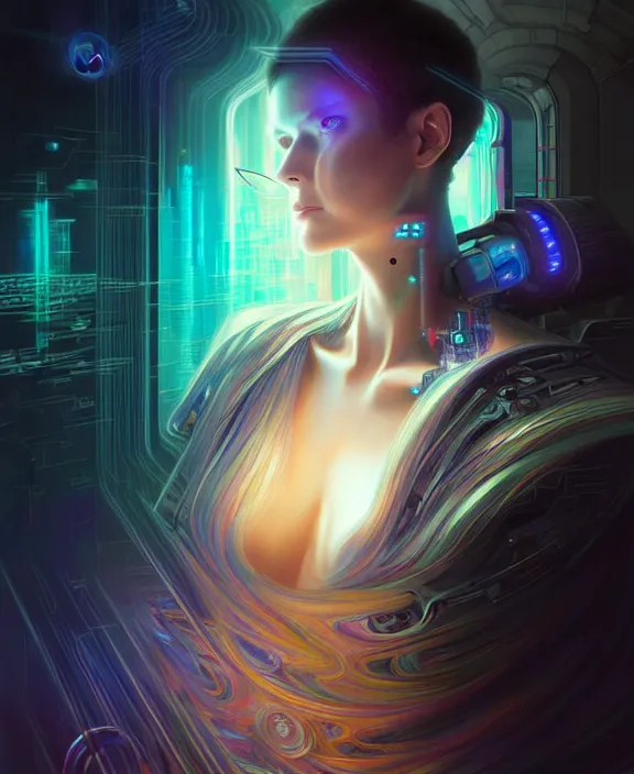 Image similar to a whirlwind of souls rushing inside the metaverse, hologram, half body, neurochip, shaved temple, piercing, jewelry, android, cyborg, cyberpunk face, by loish, d & d, fantasy, intricate, elegant, highly detailed, colorful, digital painting, artstation, concept art, art by artgerm and greg rutkowski and alphonse mucha