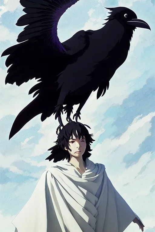 Image similar to raven headed warlock doing magic spells wind, white robes, finely detailed perfect anime face, exquisite details, mid view, design on a white background, by studio muti, greg rutkowski makoto shinkai takashi takeuchi studio ghibli