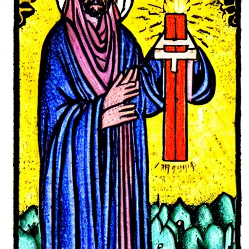 Image similar to a beautiful! portrait of a stern preacher holding a burning cross in tarot style