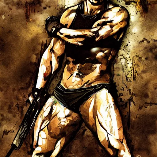 Image similar to an illustration of Stallone as Rambo by Yoji Shinkawa