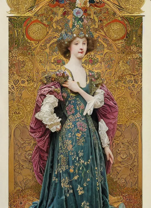 Image similar to a magnificent robot young queen elizabeth of england, neo - rococo gilded engraved armor with precious stones, a heavy richly embroidered velvet cloak, with lush rose bush all around, by victor ngai, alphonse mucha, william bouguereau, william morris, symmetrical features, symmetrical pose, wide angle shot, head to toe, standing pose, feet on the ground