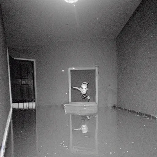 Prompt: a creepy clown at the end of a flooded basement hallway. craiglist photo.