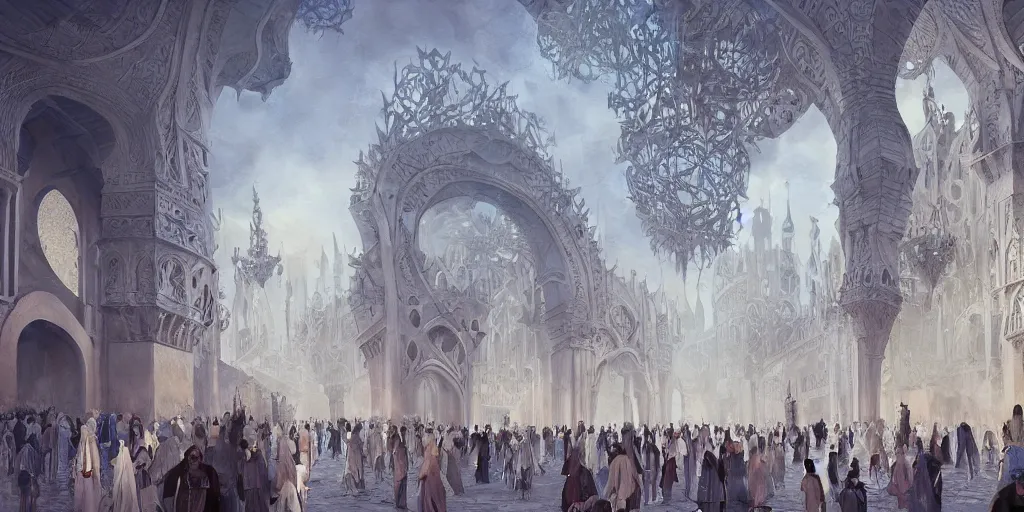 Prompt: a beautiful painting of islamic architecture, crowded people, game of thrones style, city landscape, zaha hadid, louis kahn, fantasy, futuristic, by yves tanguy, trending on artstation, unreal engine