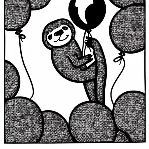 Image similar to book illustration of a sloth holding balloons, book illustration, monochromatic, white background, black and white image