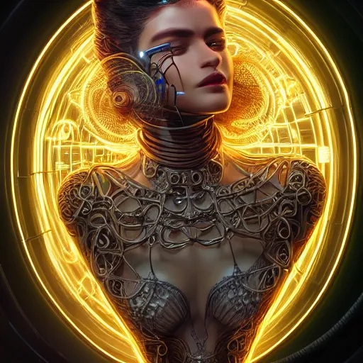 Image similar to woman integrating with technology, full face, detailed intricate ornate cables connected to head, luscious hair, big open electric eyes, luxurious detailed abundent wiring and implants, sci-fi, neon, detailed technology full background, highly detailed, Rene Lalique and Eddie Mendoza