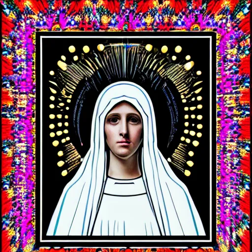 Image similar to portrait photo of virgin mary as a gorgeous raver girl, symmetrical composition, taken with leica 0-series no. 105