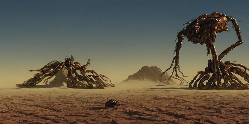 Image similar to remains of a gigantic extraterrestrial spider in the desert, beautiful matte painting of a science-fiction planet, Moebius, Roger Dean, Arstation, Arstation, Artstation